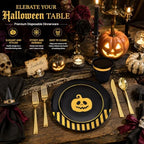KIRE 25 Guest Halloween Plates Black Gold Plastic Plates Smiley Pumpkin include 50PCS Black &150PCS Gold Plastic Silverware&25PCS Clear Black Cups for Halloween Party - Image 6