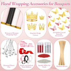 449Pcs Flower Bouquet Wrapping Accessories with Floral Wrapping Paper Gold Crowns Butterfly Decorations Gem Pins and Wooden Sticks, Ribbons for Money Bouquet Mother's Day Baby Shower Graduation - Image 4