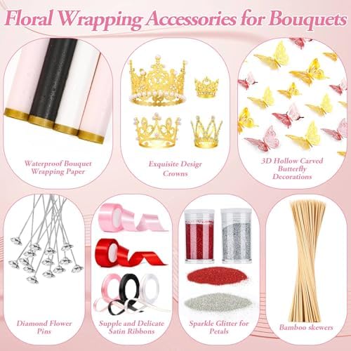 449Pcs Flower Bouquet Wrapping Accessories with Floral Wrapping Paper Gold Crowns Butterfly Decorations Gem Pins and Wooden Sticks, Ribbons for Money Bouquet Mother's Day Baby Shower Graduation - Image 4