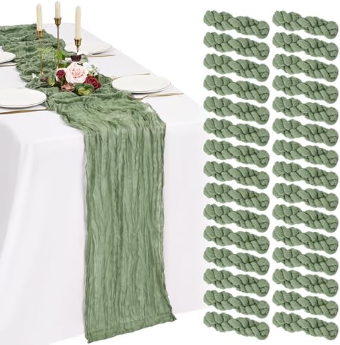 30 Pack Cheesecloth Table Runner 10FT Sage Green Table Runner Boho Gauze Cheese Cloth Table Runners Long Rustic Sheer Table Decorations for Wedding Party Baby Bridal Shower Birthday Holiday Home by Showgeous