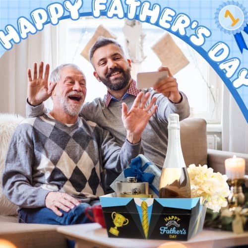 Funnymoom 24 Pcs Happy Father's Day Basket for Gifts Empty 9.8x6.5'' Blue Black Men's Suits Dad Gift Market Tray Cardboard Basket with Handle, Transparent Bag and Gold Bows for Holiday Birthday Party - Image 7