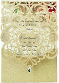 Hosmsua 50PCS Personalized Wedding Invitations Kit 5.12 x 7.3 Laser Cut Hollow Rose Rhinestone Pocket with Envelope for Wedding Quinceanera Invite (Champagne Gold Glitter) by Hosmsua