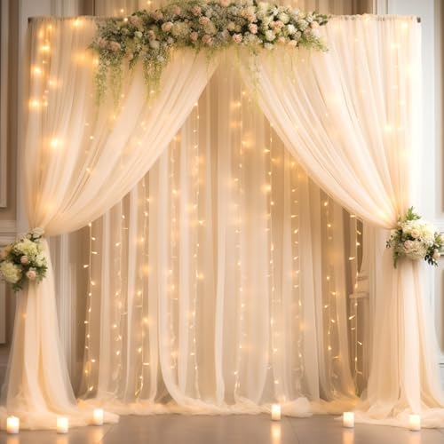 20x10ft Champagne Tulle Backdrop Curtain with Lights String for Parites, Sheer Backdrop Curtains for Wedding Baby Shower Birthday Party Photo Shoot Decorations by Partisky