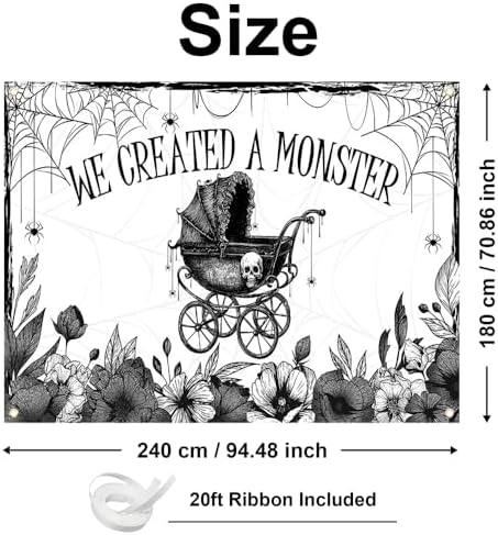Mocsicka We Created A Monster Backdrop Banner Gothic Skull Spider Web Bat Halloween Monster Baby Shower Party Decorations Photo Booth Props (8x6ft) - Image 4
