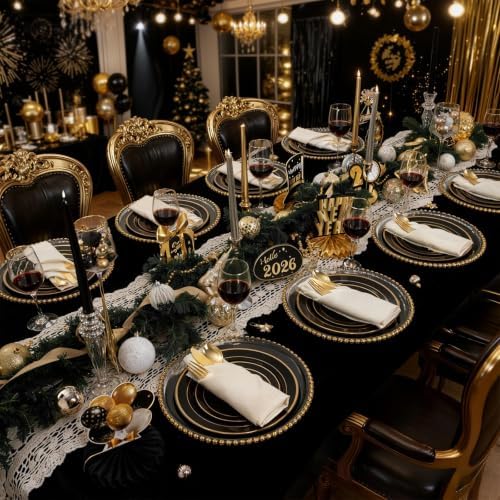 350 Pieces Black and Gold Plastic Plates with Disposable Silverware, Include 50 Dinner Plates 9”, 50 Dessert Plates 6.3”, 50 Black Cups 9 OZ, 50 Pre Rolled Napkins for Wedding/Party/Birthday/Halloween - Image 2