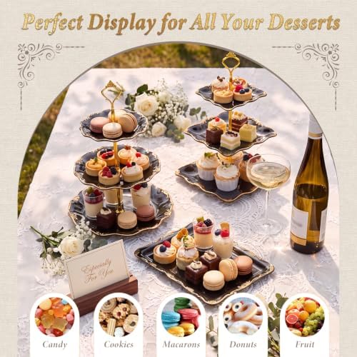10 Pcs Cupcake Stand,Dessert Table Display Set with Gold Rim,3 x Three-Tier and 3 x Two-Tier Cake Stands,4 x Appetizer Serving Trays for Birthday, Wedding, Baby Shower,Tea Party (Black) - Image 6