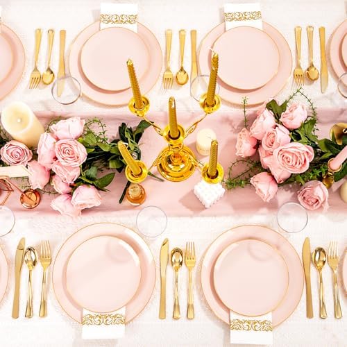 YOUBET 175PCS Pink Plastic Plates with Gold Rim for Wedding Party - Image 5