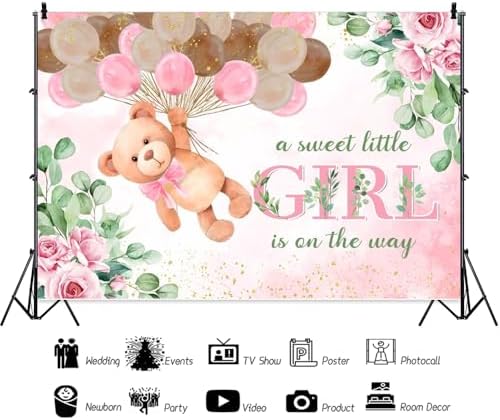 8x6ft Pink Bear Baby Shower Backdrop A Sweet Little Girl is On The Way Photography Background Baby Shower Banner for Girl Bear Party Decorations Newborn Photo Props - Image 5