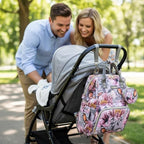 Diaper Bag Backpack for Dad and Mom with USB Charging Port Stroller Straps and Insulated Pocket,army military Travel Nappy Backpack for Daddy/Mommy (Grey Pink Flower Pattern) - Image 6