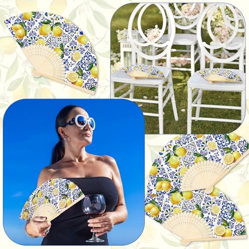 Aodaer 50 Pack Coastal Lemon Printed Folding Hand Fans with Organza Bags Bulk Wooden Storage Box Retro Mediterranean Paper Fans Capri Handheld Fan for Bridal Shower Wedding Bridesmaid Gifts - Image 5