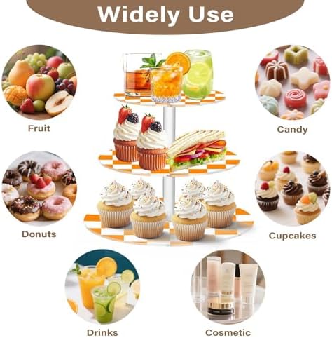 J JOYSAY Checkerboard Orange White Pattern Acrylic Cupcake Stand 3 Tier Dessert Table Display Set Clear Cake Stands for Wedding Party Baby Shower Decorations Easy Assembly Macaron Tower - Image 5