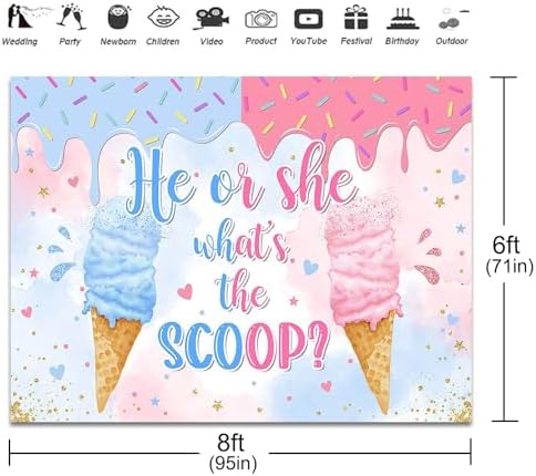Ice Cream Gender Reveal Backdrop 8x6ft He or She What's The Scoop Summer Gender Reveal Party Decorations Background Boy or Girl Banner Photo Booth Props - Image 3