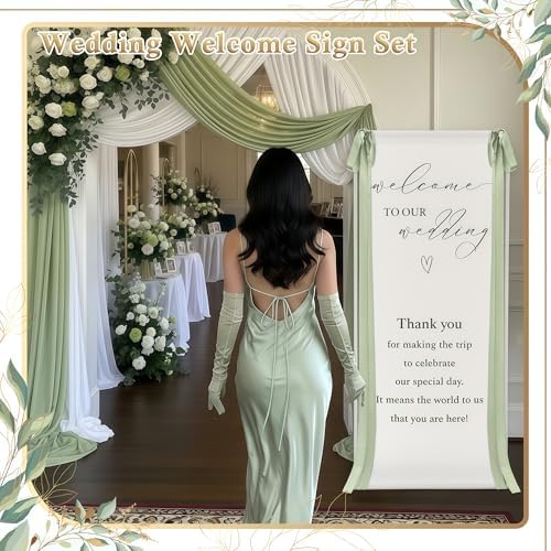 Wedding Welcome Linen Sign Stand with Satin Ribbon(Green) - Image 4
