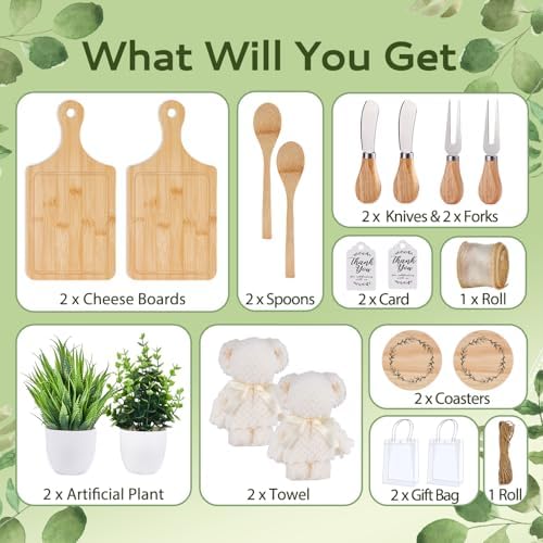 20Pcs Baby Shower Prizes for Game Winners Bamboo Cheese Board Fork Butter Spreaders Coasters Towel Artificial Potted Plant Gift Bag for Baby Shower Bridal Shower Favors (2 Sets, Bamboo Square Shaped) - Image 4