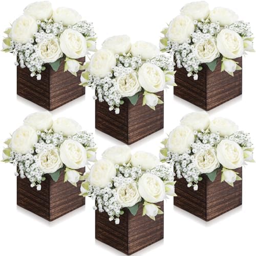 Suncalla 6 Sets Artificial Peonies Flower Centerpieces Wood Box,White by Unknown