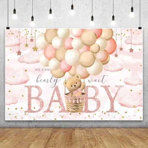 20x10ft Bear Theme Baby Shower Decorations Backdrop We Can Bearly Wait Baby Hot Air Pink Balloon Stars Clouds Background Gender Reveal Sweet Girl Birthday Party Banner Photo Booth - Image 3