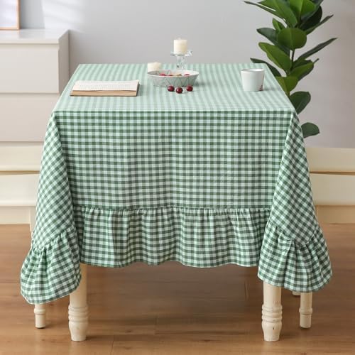 Green White Gingham Ruffled Tablecloth Rectangular 120“x60” by KMASANIJI