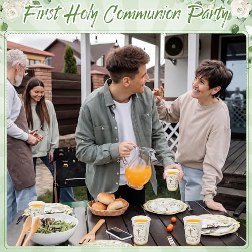 Ziliny 250 Pcs God Bless Baptism Party Tableware Set for 50 Guest First Holy Communion Decorations Sage Green Eucalyptus Leaves Paper Plates Napkins and Cups for Christening Baby Shower Religious - Image 4