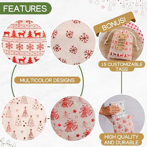 12 Pack Reusable Christmas gift bags with 15 gift tags. Gift sacks. Fabric drawstring holiday gift bags in assorted sizes. Xmas bags for presents, parties & stocking stuffers. (CE) - Image 3