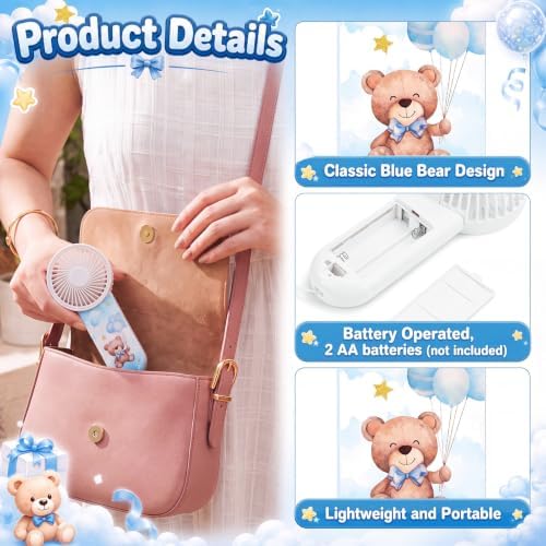 Capoda 12 Sets Baby Shower Handheld Fans Gifts Bulk Bear Baby Shower Party Favors Include Mini Portable Fan Thank You Cards and Organza Bags for Gender Reveal, Battery Operated (Excluding Batteries) - Image 3