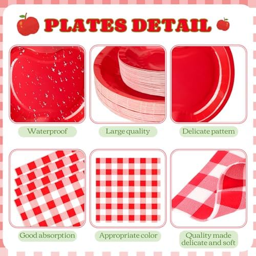 400 Pcs Back to School Party Supplies Serve 50, Apple Paper Plates Napkins Cups Apple Decoration Red Gingham Tableware Set for Last/First Day of School Party Supplies - Image 2