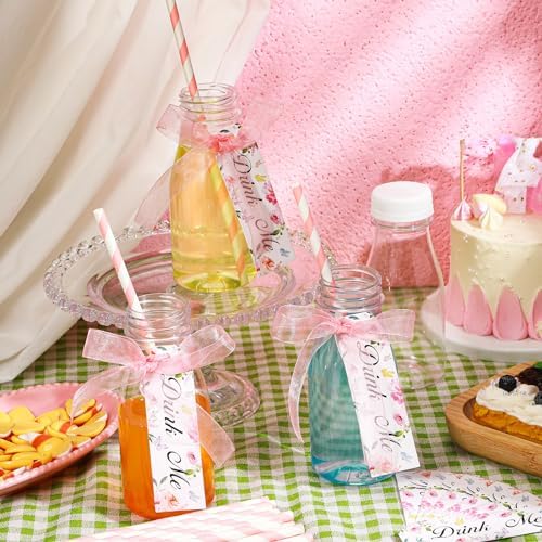 Tanlade 25 Set 8 oz Plastic Milk Bottles with Straws and Lids with Drink Me Tags and Ribbon for Tea Party Wedding Favor Baby Shower Gender Reveal Drink Gift - Image 2