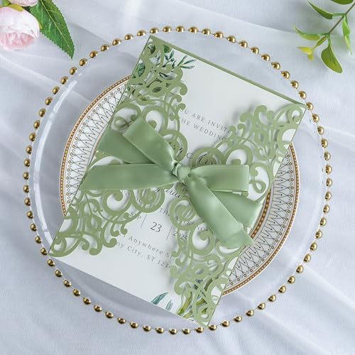 ponatia 25PCS 5.12 x 7.1 '' Sage Green Laser Cut Wedding Invitations Cards with Envelopes for 5x7 Invitation Cards Wedding Baby Bridal Shower Engagement Sweet 16 Birthday Invite - Image 2
