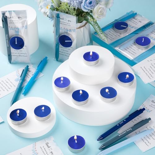 Spakon 60 Sets Baby Shower Favors for Guests Include Unscented Tealight Candles Multicolor Ballpoint Pen Thank You Card OPP Bags Gender Reveal Gifts for Baby Shower Game Prizes(Blue,Boy) - Image 5