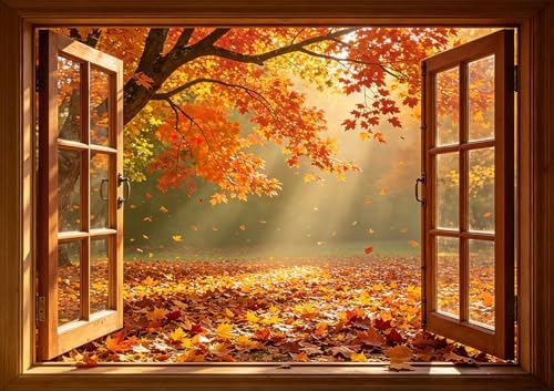 9x6FT Fall Window Backdrop, Autumn Forest Maple Leaves Photo Background - Image 2
