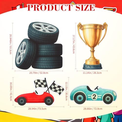 Honoson 4 Pcs Large 30" Racing Car Cardboard Cutouts Standup, Race Car Birthday Party Decorations Check Flag Trophy Tire Photo Booth Props for Photography Backdrop Baby Shower Party Supplies Yard Sign - Image 2