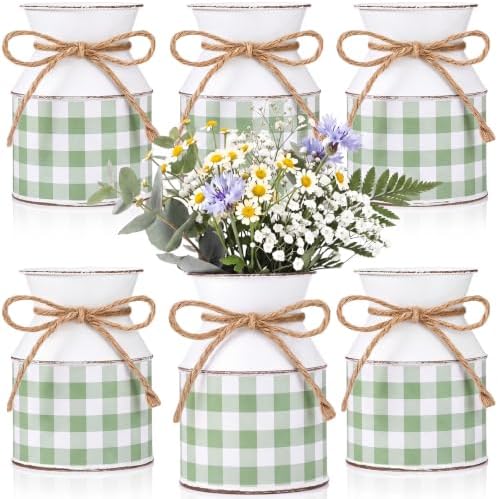 Domensi 6 Pcs Farmhouse Metal Flower Vase, Green Gingham Table Centerpiece by Domensi