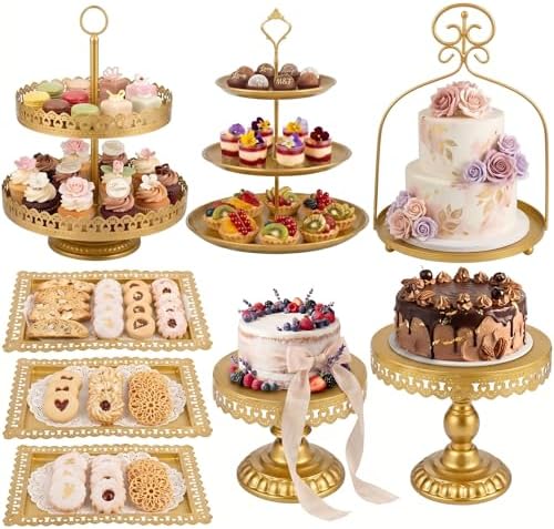 8 Pcs Cake Stands Set Metal Dessert Table Display Tiered Cupcake Holder Candy Donut Fruit Plate Cake Serving Tray with Handle Treats Serving Tower for Wedding Birthday Party Decorations (Gold) by Lallisa