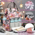 Diaper Bag Backpack for Dad and Mom with USB Charging Port Stroller Straps and Insulated Pocket,army military Travel Nappy Backpack for Daddy/Mommy (Grey Pink Flower Pattern) - Image 2
