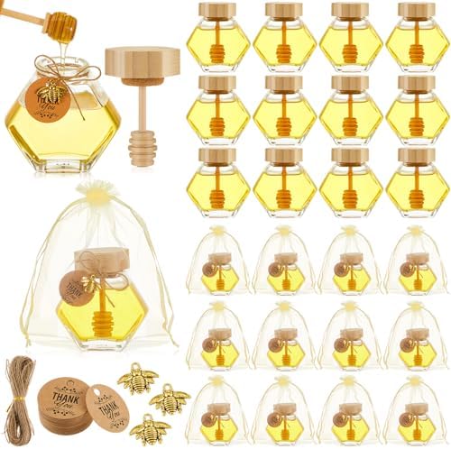 Pickmesh 12 Pcs Hexagonal Glass Honey Jars with Spoon, 3.38 oz Honey Dispenser with Wooden Spoon Bee Charm Thank You Card Organza Bag Mini glass Jars for Baby Shower Wedding Party Favor Decorations by Pickmesh