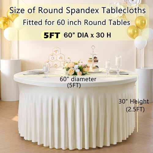 6 Pack Ivory Spandex Round Tablecloths for 60 inch Table, Wrinkle Free 120inch Stretchy Fitted 5FT Round Table Cloths Cover with Skirt for Wedding Party Dining Banquet - Image 6