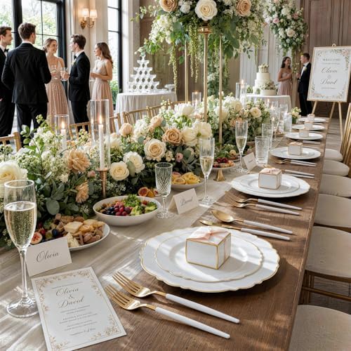 WDF 30Guest Gold Plastic Plates - High-end Baroque Design - 10.25&7.5in Wedding White and Gold Plates Disposable for Birthday/Baby Shower/Wedding/Party - Image 3