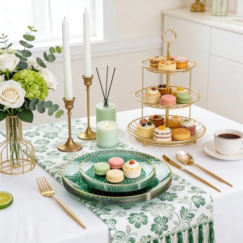 Rubtlamp 350 Pcs Green Plastic Dinnerware Set, Green and Gold Plastic Plates, Hammered Party Plates Include Dinner Platos, Dessert Platos, Cups, Gold Cutlery Set And Napkins for Party - Image 6
