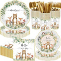 Funnymoom 400 Pcs Woodland Baby Shower Party Supplies for 50 Forest Animals Mountain Wilderness Plates Napkins Cups Spoons Forks Knives for Neutral Forest Animal Baby Shower(Green and Gold, Woodland) by Funnymoom