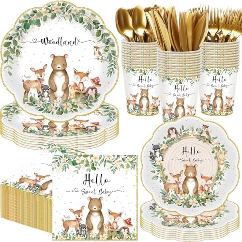 Funnymoom 400 Pcs Woodland Baby Shower Party Supplies for 50 Forest Animals Mountain Wilderness Plates Napkins Cups Spoons Forks Knives for Neutral Forest Animal Baby Shower(Green and Gold, Woodland) by Funnymoom