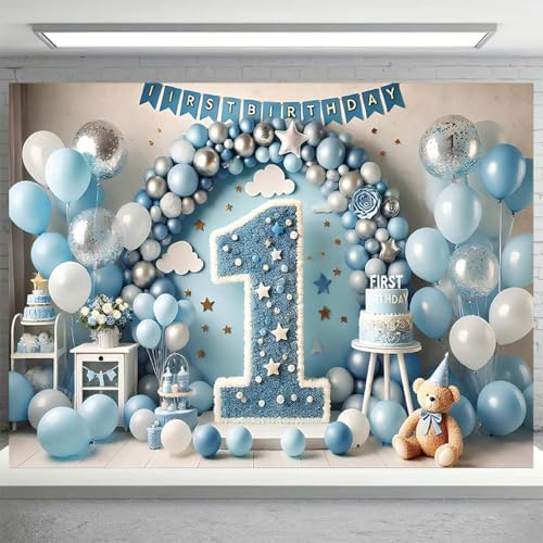 Happy 1st Birthday Banner Cute Bear Doll Hot Air Balloons Background for Boys One Year Old Birthday Backdrops Cake Smash Banners Newborn Baby Boy First Birthday Party Background(B, 8x6feet) - Image 5