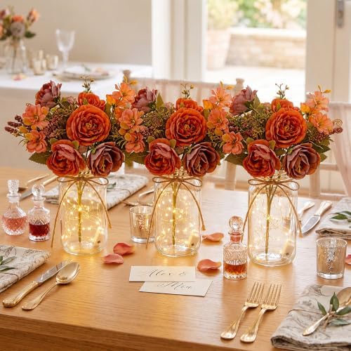 4 Sets Rose Flower Mason Jar Centerpiece with LED Lights for Wedding - Image 6