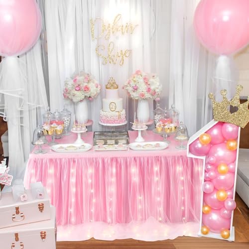 Pink Tulle Table Skirt for Baby Shower,9FT Pink Ruffle Tutu Table Skirt with LED Light for Princess Girls Birthday Party Cake Dessert Table Decorations - Image 5