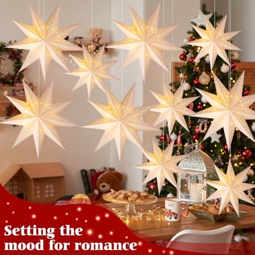 Youyole 12 Set Christmas Paper Star Lantern with Lights, 9 Pointed - Image 2