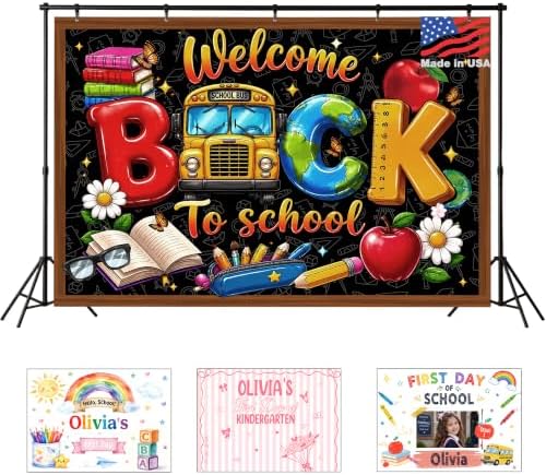 Custom Back to School Backdrop, Personalized First Day of School Photography Backdrop with Photo, Name & Grade, Welcome Back to School Decorations for Classroom, Photo Booth, Wall & Home, Made in USA by Acoweno