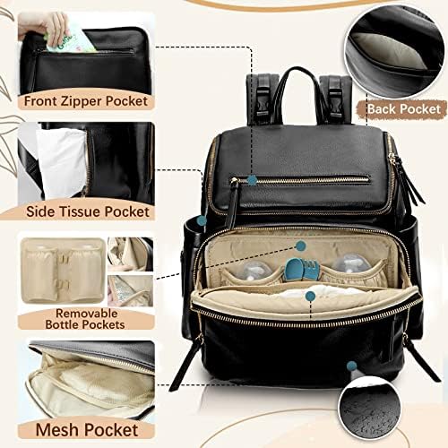 Omanmoli Diaper Bag Backpack Baby Diaper Bag Leather with 17 Diaper Bag Organizing Pouches,Changing Pad,Stroller Straps,4 Insulated Pockets,Black - Image 3