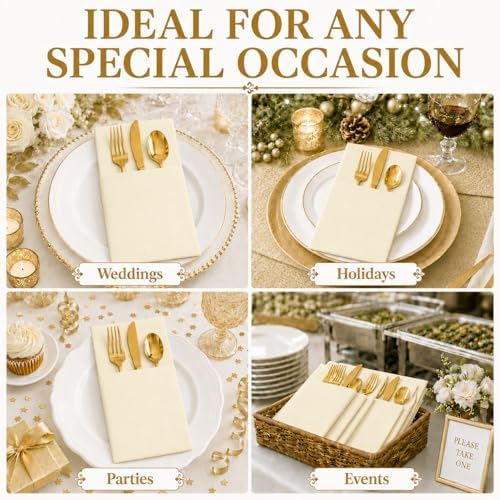 100 Pcs Beige Napkins Disposable Linen Feel Dinner Paper Napkins with Built-in Flatware Pocket, 16"x16" Airlaid Paper Pre-Folded Napkins for Silverware Baby Shower Easter Wedding Birthday Party - Image 2