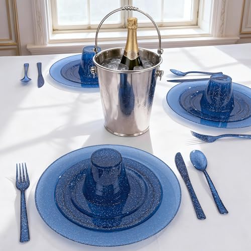 DaYammi 210PCS Cobalt Blue Glitter Plastic Dinnerware Set for 30 Guests - Image 5