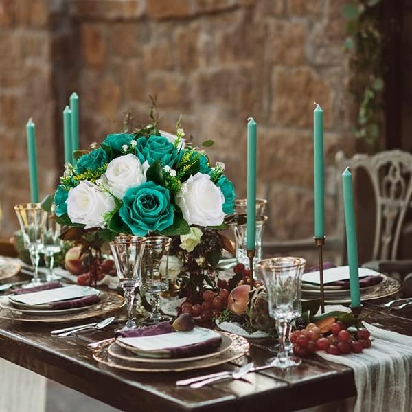 BLOSMON Teal Flowers Artificial Centerpieces: 6 Pcs Fake Roses Flowers Balls for Wedding Dinning Table - Faux Silk Kissing Floral Arrangement for Home Party Event Decor - Image 2