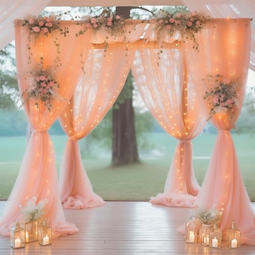 10ft x 8ft Peach Backdrop Curtain with Lights String for Parties, Sheer Tulle Wedding Photo Backdrops Drapes for Baby Shower Birthday Party Decorations Background for Photography - Image 2