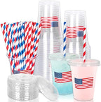 Whaline 50Pcs 12Oz Patriotic Disposable Plastic Cups with Lids and Straws 4th of July American Flag Cold Beverage Drinking Cups for 250th Anniversary Independence Day Party Supplies by Whaline